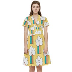 Smile-cloud-rainbow-pattern-yellow Short Sleeve Waist Detail Dress by Salman4z