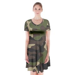 Texture-military-camouflage-repeats-seamless-army-green-hunting Short Sleeve V-neck Flare Dress by Salman4z