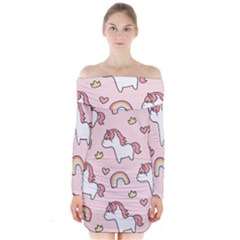 Cute-unicorn-rainbow-seamless-pattern-background Long Sleeve Off Shoulder Dress by Salman4z