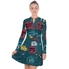 Seamless-pattern-hand-drawn-with-vehicles-buildings-road Long Sleeve Panel Dress by Salman4z