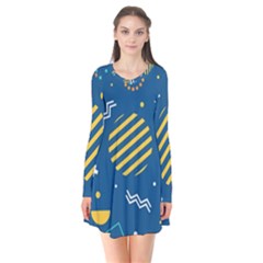 Flat-design-geometric-shapes-background Long Sleeve V-neck Flare Dress by Salman4z