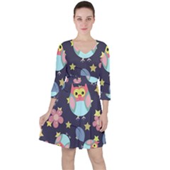 Owl-stars-pattern-background Quarter Sleeve Ruffle Waist Dress by Salman4z