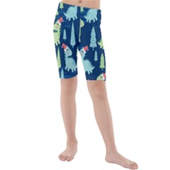 Cute Dinosaurs Animal Seamless Pattern Doodle Dino Winter Theme Kids  Mid Length Swim Shorts by pakminggu