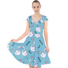 Elegant Swan Pattern Design Cap Sleeve Front Wrap Midi Dress by pakminggu