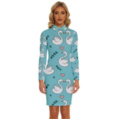 Elegant Swan Pattern Design Long Sleeve Shirt Collar Bodycon Dress by pakminggu