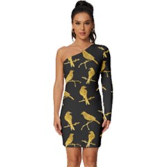 Background With Golden Birds Long Sleeve One Shoulder Mini Dress by pakminggu