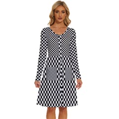 Black And White Checkerboard Background Board Checker Long Sleeve Dress With Pocket by pakminggu