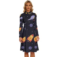 Cosmos Rockets Spaceships Ufos Long Sleeve Shirt Collar A-line Dress by pakminggu