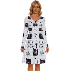 Cute Cameras Doodles Hand Drawn Long Sleeve Dress With Pocket by pakminggu