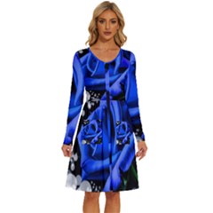 Blue Rose Roses Bloom Blossom Long Sleeve Dress With Pocket by pakminggu