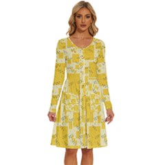 Party Confetti Yellow Squares Long Sleeve Dress With Pocket by pakminggu