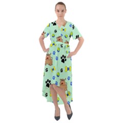 Dog Pattern Seamless Blue Background Scrapbooking Front Wrap High Low Dress by pakminggu