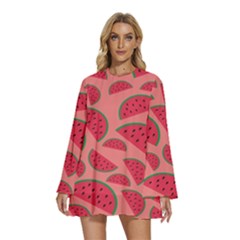 Watermelon Red Food Fruit Healthy Summer Fresh Round Neck Long Sleeve Bohemian Style Chiffon Mini Dress by pakminggu