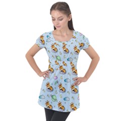 Pattern Giraffe Animal Seamless Scrapbooking Blue Puff Sleeve Tunic Top by pakminggu