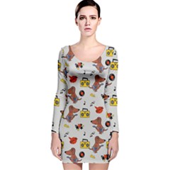 Background Pattern Texture Design Dog Music Long Sleeve Velvet Bodycon Dress by pakminggu