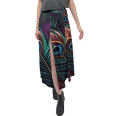 Peacock Feathers Nature Feather Pattern Velour Split Maxi Skirt by pakminggu