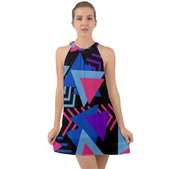 Memphis Pattern Geometric Abstract Halter Tie Back Chiffon Dress by danenraven