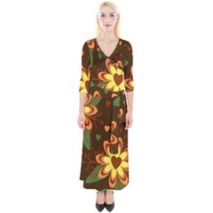 Floral Hearts Brown Green Retro Quarter Sleeve Wrap Maxi Dress by danenraven