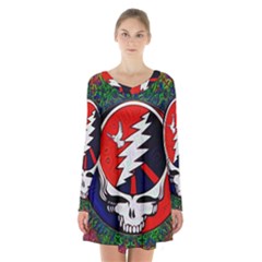 Grateful Dead Pattern Long Sleeve Velvet V-neck Dress by Mog4mog4