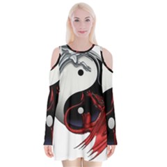 Yin And Yang Chinese Dragon Velvet Long Sleeve Shoulder Cutout Dress by Mog4mog4