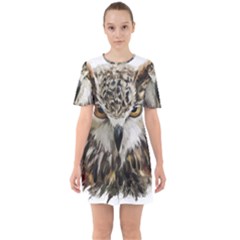 Vector Hand Painted Owl Sixties Short Sleeve Mini Dress by Mog4mog4