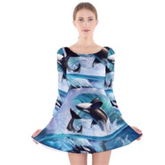 Orca Wave Water Underwater Long Sleeve Velvet Skater Dress by Mog4mog4