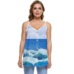 Illustration Landscape Sea Ocean Waves Beach Blue Casual Spaghetti Strap Chiffon Top by Mog4mog4