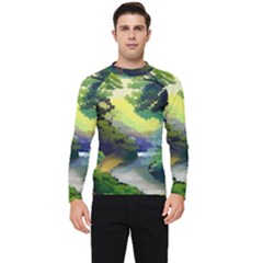 Landscape Illustration Nature Forest River Water Men s Long Sleeve Rash Guard by Mog4mog4