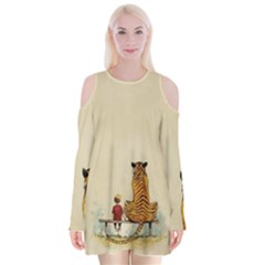 Tiger Sitting Beside Boy Painting Parody Cartoon Velvet Long Sleeve Shoulder Cutout Dress by Bakwanart