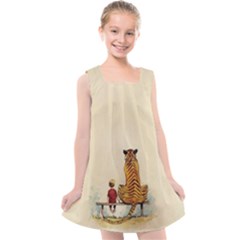 Tiger Sitting Beside Boy Painting Parody Cartoon Kids  Cross Back Dress by Bakwanart