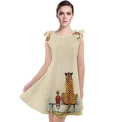 Tiger Sitting Beside Boy Painting Parody Cartoon Tie Up Tunic Dress by Bakwanart