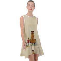 Tiger Sitting Beside Boy Painting Parody Cartoon Frill Swing Dress by Bakwanart