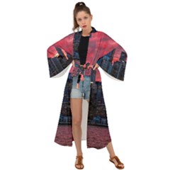 Skyline Sunset United States Reflection Usa,new York Manhattan Maxi Kimono by Bakwanart