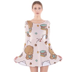 Bear Cartoon Background Pattern Seamless Animal Long Sleeve Velvet Skater Dress by 99art