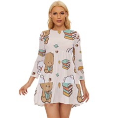 Bear Cartoon Background Pattern Seamless Animal Long Sleeve Babydoll Dress by 99art