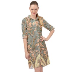 Art Nouveau Vintage Retro Pattern Floral Long Sleeve Mini Shirt Dress by 99art