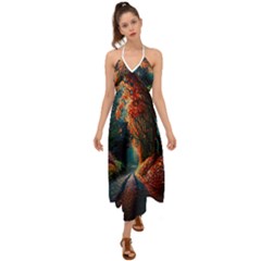 Forest Autumn Fall Painting Halter Tie Back Dress  by 99art