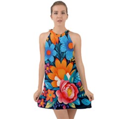 Flowers Bloom Spring Colorful Artwork Decoration Halter Tie Back Chiffon Dress by 99art