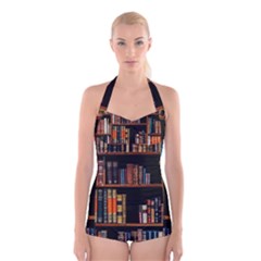 Assorted Title Of Books Piled In The Shelves Assorted Book Lot Inside The Wooden Shelf Boyleg Halter Swimsuit  by 99art