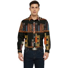 Assorted Title Of Books Piled In The Shelves Assorted Book Lot Inside The Wooden Shelf Men s Long Sleeve  Shirt by 99art