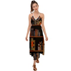 Assorted Title Of Books Piled In The Shelves Assorted Book Lot Inside The Wooden Shelf Halter Tie Back Dress  by 99art