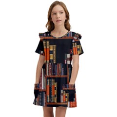 Assorted Title Of Books Piled In The Shelves Assorted Book Lot Inside The Wooden Shelf Kids  Frilly Sleeves Pocket Dress by 99art