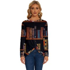 Assorted Title Of Books Piled In The Shelves Assorted Book Lot Inside The Wooden Shelf Long Sleeve Crew Neck Pullover Top by 99art