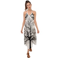 Tree-silhouette-winter-plant Halter Tie Back Dress  by 99art