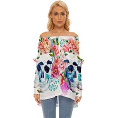 Day Of The Dead Skull Art Off Shoulder Chiffon Pocket Shirt by 99art