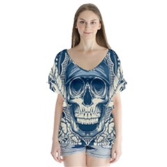 Skull Drawing V-neck Flutter Sleeve Top by 99art