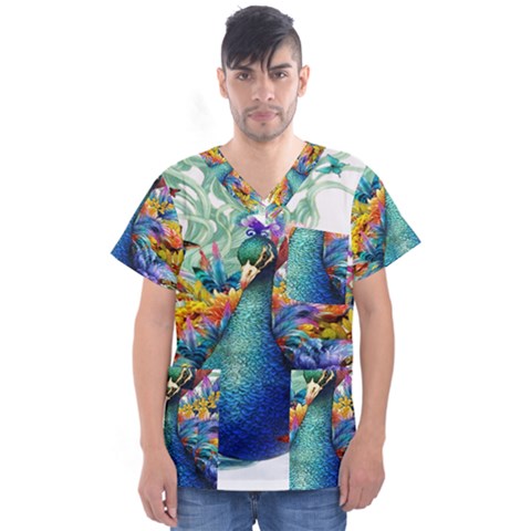 Bird-peafowl-painting-drawing-feather-birds Men s V-neck Scrub Top by 99art