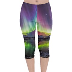 Aurora Borealis Polar Northern Lights Natural Phenomenon North Night Mountains Velvet Capri Leggings  by B30l