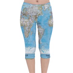 Blue White And Green World Map National Geographic Velvet Capri Leggings  by B30l