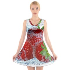 Red Strawberries Water Squirt Strawberry Fresh Splash Drops V-neck Sleeveless Dress by B30l